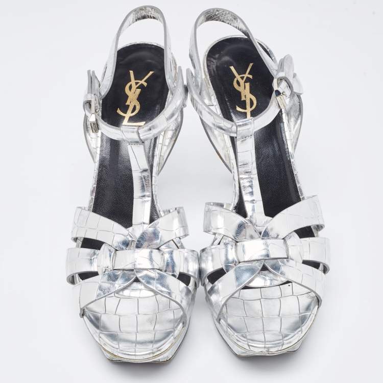 Pre Owned Saint Laurent Silver Croc Embossed Leather Tribute Sandals Size 39