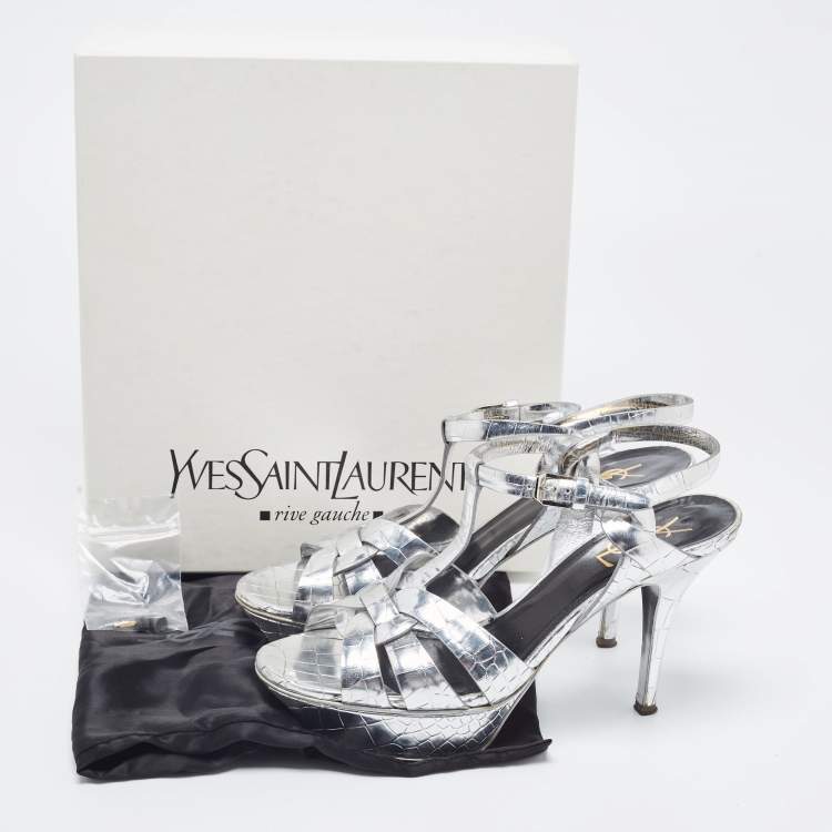 Pre Owned Saint Laurent Silver Croc Embossed Leather Tribute Sandals Size 39