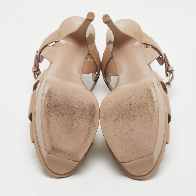 Pre Owned Saint Laurent  Beige Patent Leather Tribute Sandals Size 38