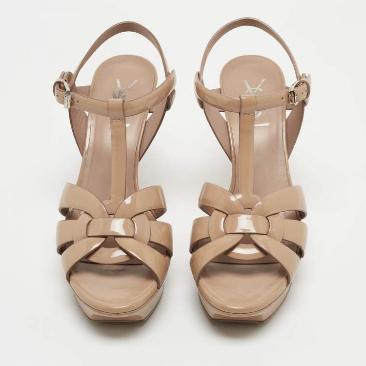 Pre Owned Saint Laurent  Beige Patent Leather Tribute Sandals Size 38