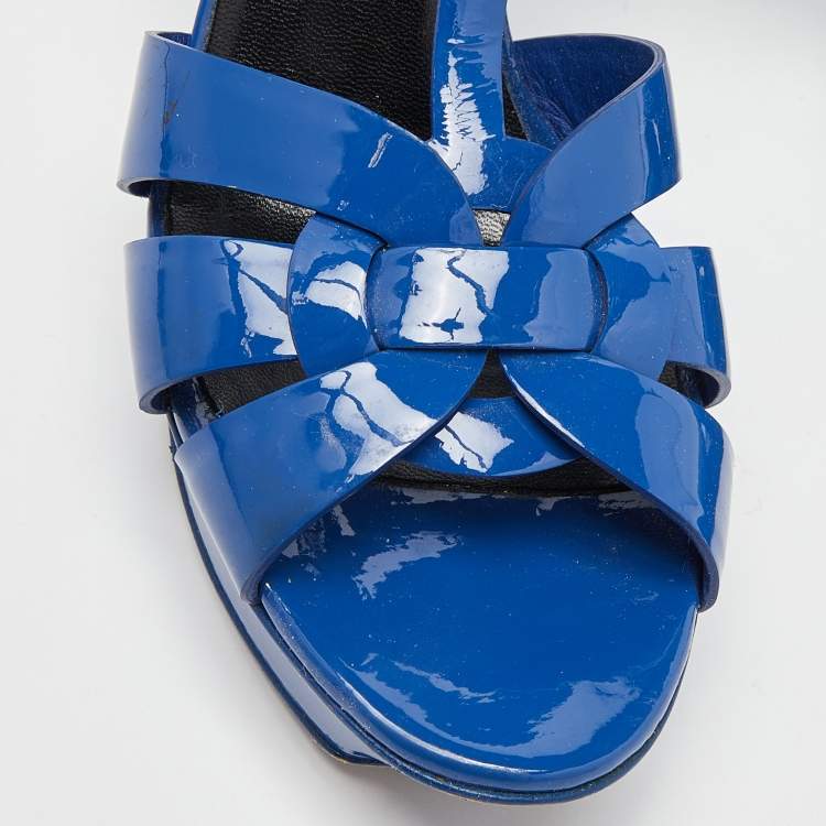 Pre Owned Saint Laurent Blue Patent Leather Tribute Platform Sandals Size 39