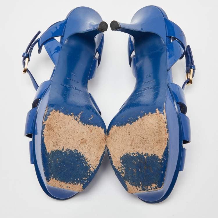 Pre Owned Saint Laurent Blue Patent Leather Tribute Platform Sandals Size 39