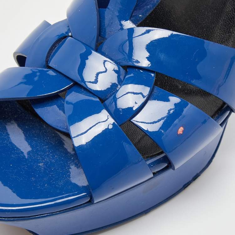 Pre Owned Saint Laurent Blue Patent Leather Tribute Platform Sandals Size 39