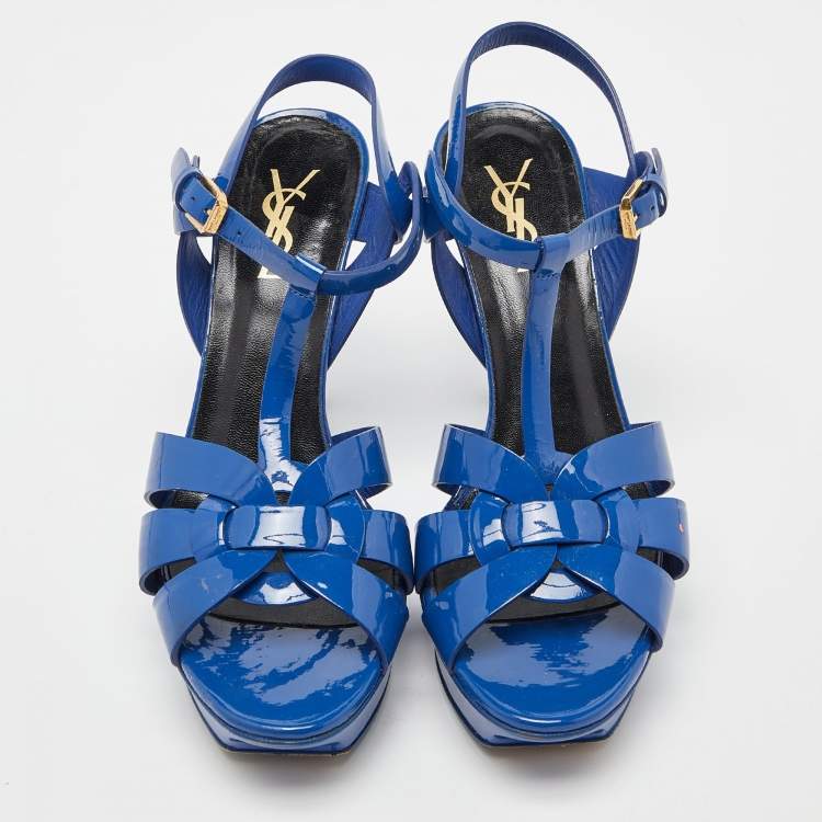 Pre Owned Saint Laurent Blue Patent Leather Tribute Platform Sandals Size 39