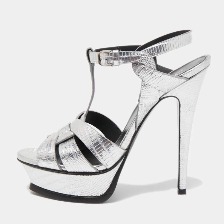 Pre Owned Saint Laurent Silver Lizard Embossed Leather Tribute Sandals Size 37