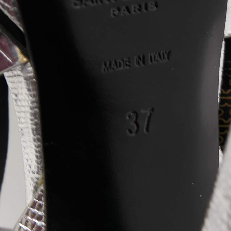 Pre Owned Saint Laurent Silver Lizard Embossed Leather Tribute Sandals Size 37
