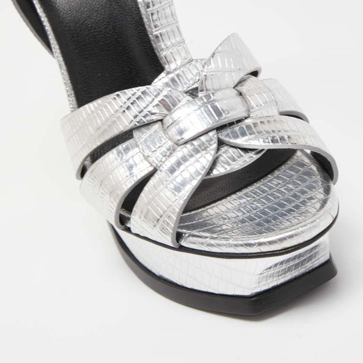 Pre Owned Saint Laurent Silver Lizard Embossed Leather Tribute Sandals Size 37