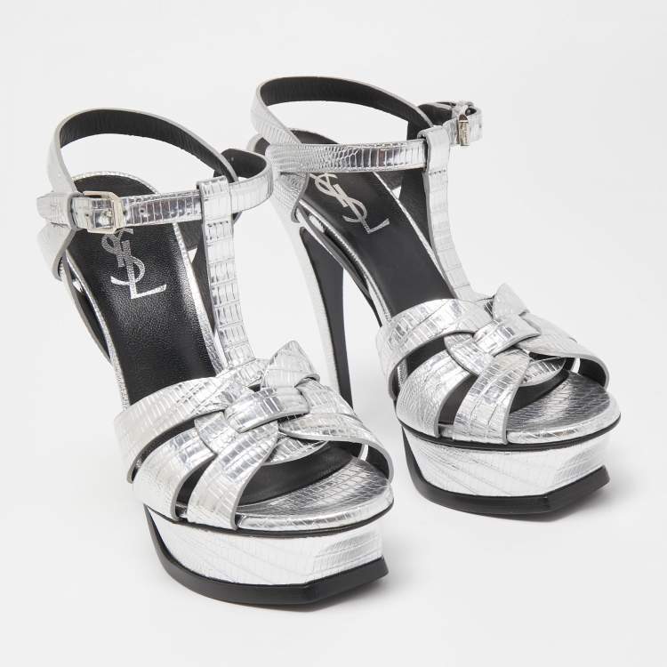 Pre Owned Saint Laurent Silver Lizard Embossed Leather Tribute Sandals Size 37