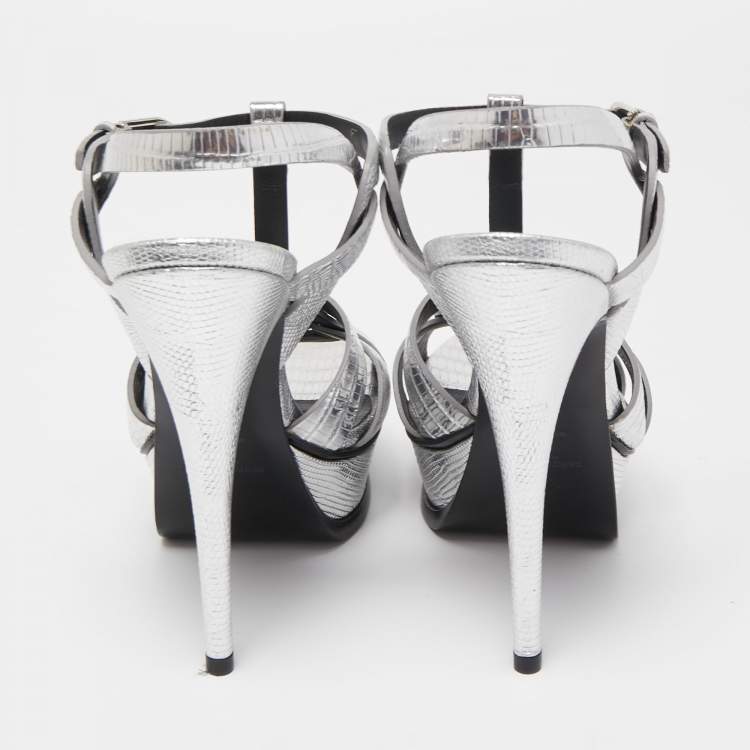 Pre Owned Saint Laurent Silver Lizard Embossed Leather Tribute Sandals Size 37