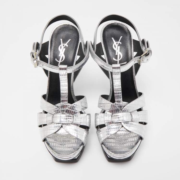 Pre Owned Saint Laurent Silver Lizard Embossed Leather Tribute Sandals Size 37
