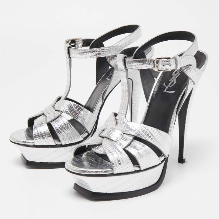 Pre Owned Saint Laurent Silver Lizard Embossed Leather Tribute Sandals Size 37