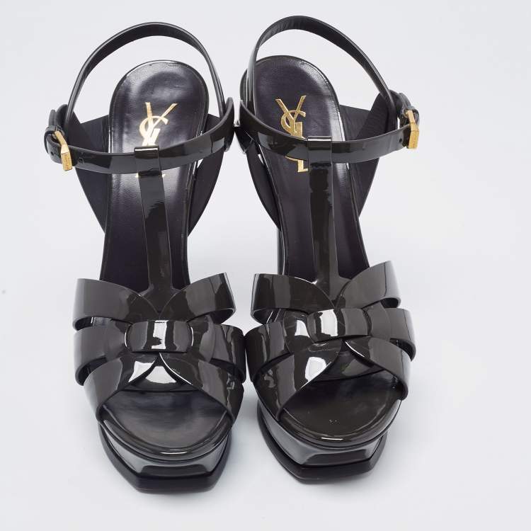 Pre Owned Saint Laurent Dark Green Patent Tribute Sandals Size 39