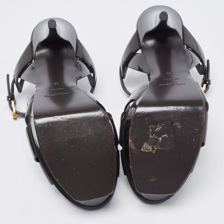 Pre Owned Saint Laurent Dark Green Patent Tribute Sandals Size 39