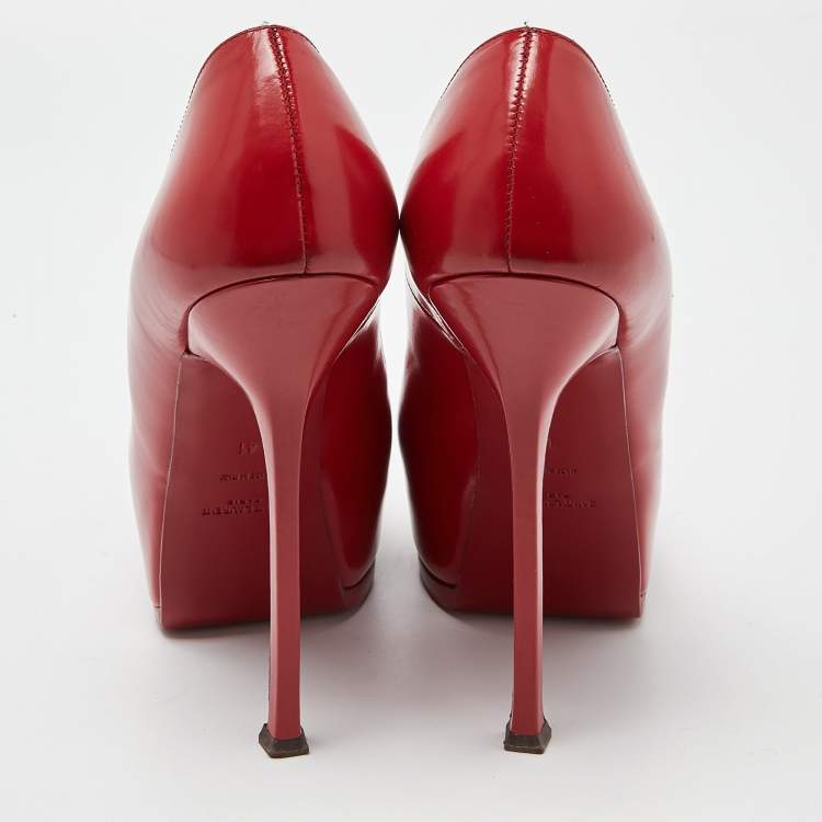 Pre Owned Saint Laurent Red Leather Tribtoo Platform Pumps Size 41