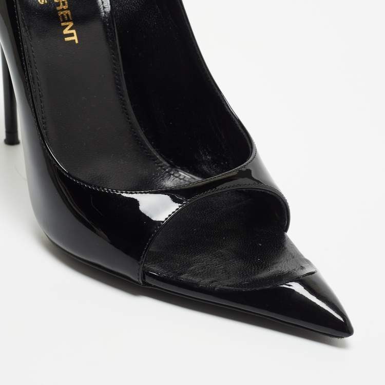 Pre Owned Saint Laurent Black Patent Leather Open Pointed Toe Ankle Strap Pumps Size 36