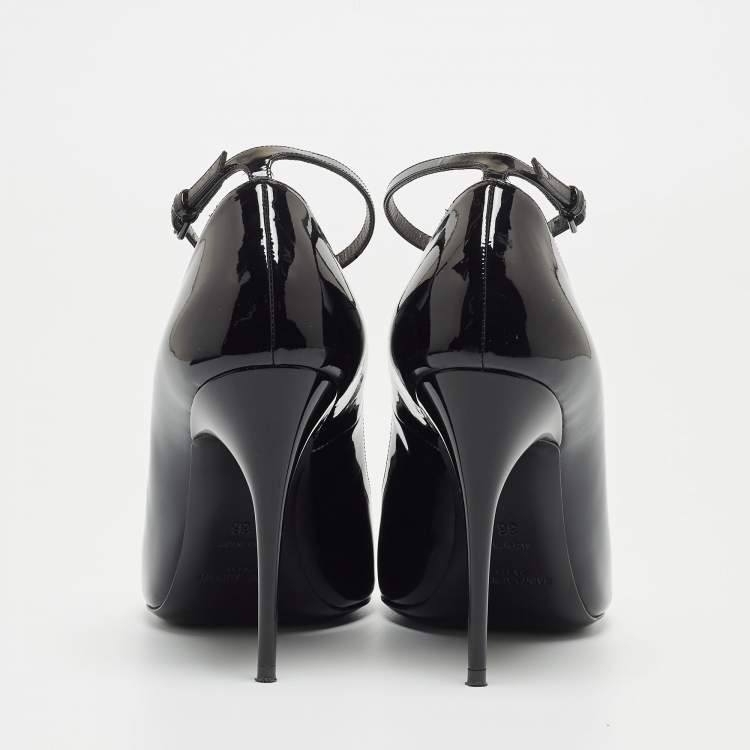 Pre Owned Saint Laurent Black Patent Leather Open Pointed Toe Ankle Strap Pumps Size 36