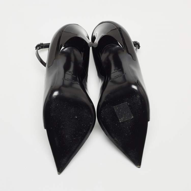 Pre Owned Saint Laurent Black Patent Leather Open Pointed Toe Ankle Strap Pumps Size 36
