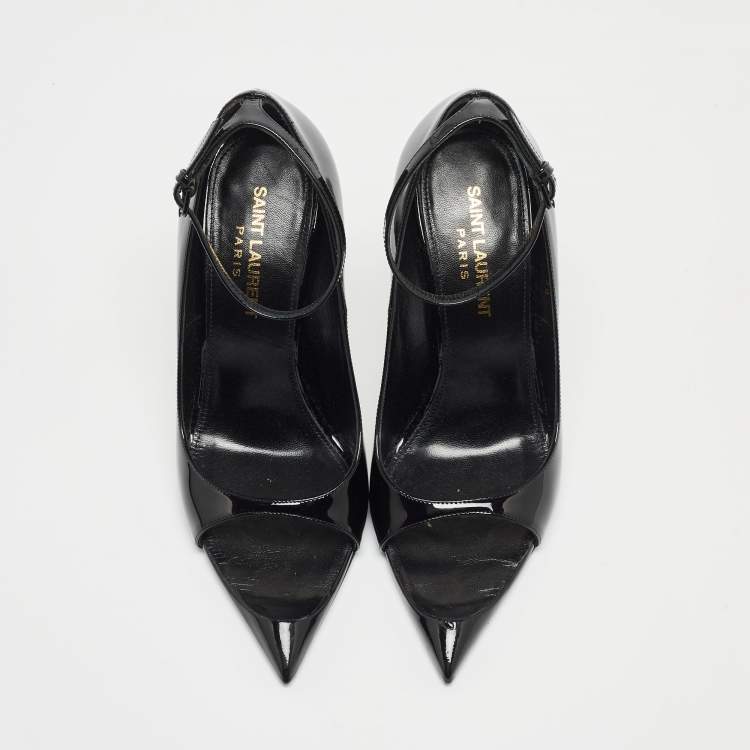 Pre Owned Saint Laurent Black Patent Leather Open Pointed Toe Ankle Strap Pumps Size 36