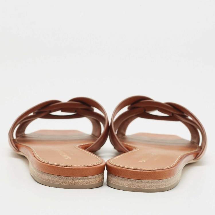 Pre Owned Saint Laurent Brown Leather Tribute Flat Slides Size 38 