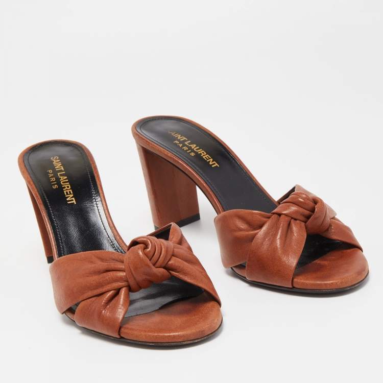 Pre Owned Saint Laurent Brown Knotted Leather Bianca Slide Sandals Size 37