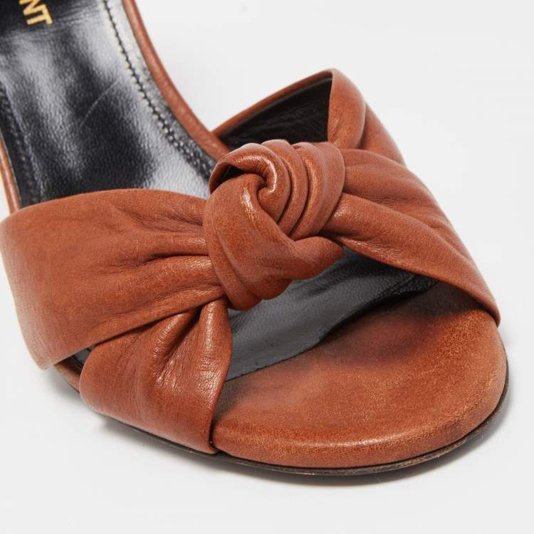 Pre Owned Saint Laurent Brown Knotted Leather Bianca Slide Sandals Size 37
