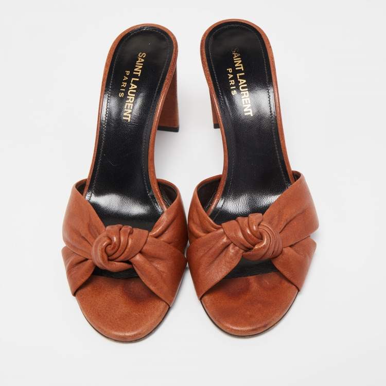 Pre Owned Saint Laurent Brown Knotted Leather Bianca Slide Sandals Size 37