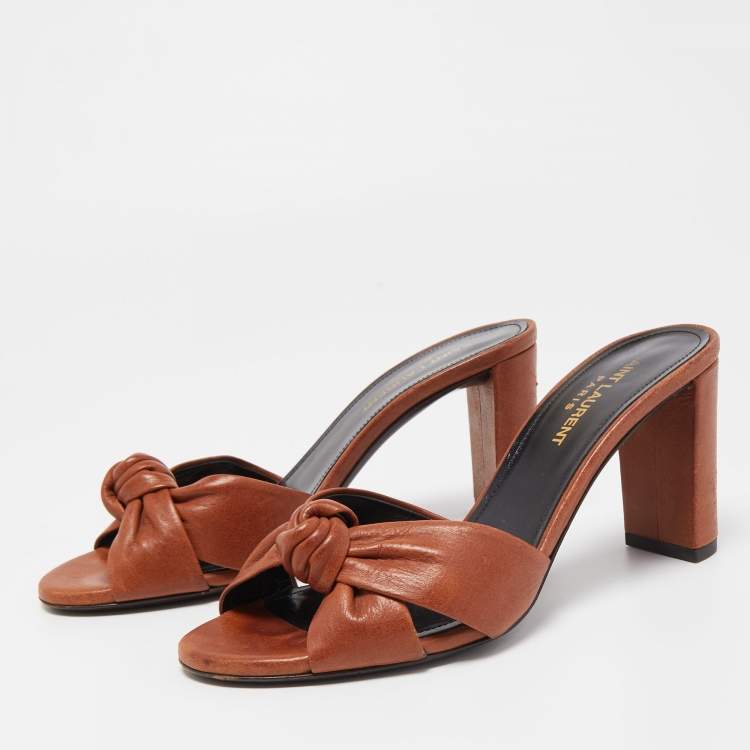 Pre Owned Saint Laurent Brown Knotted Leather Bianca Slide Sandals Size 37