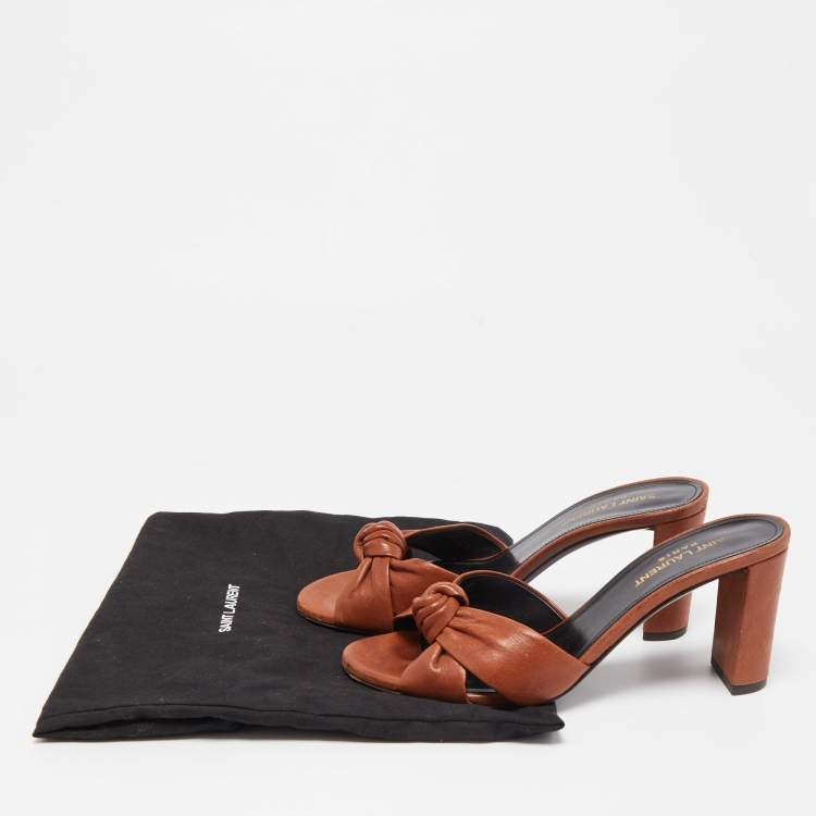 Pre Owned Saint Laurent Brown Knotted Leather Bianca Slide Sandals Size 37