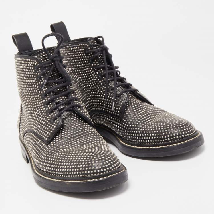 Pre Owned Saint Laurent Black Leather Embellished Combat Boots Size 37