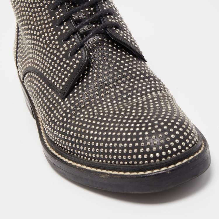 Pre Owned Saint Laurent Black Leather Embellished Combat Boots Size 37