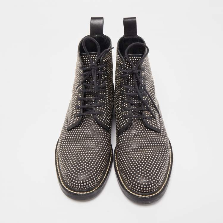 Pre Owned Saint Laurent Black Leather Embellished Combat Boots Size 37