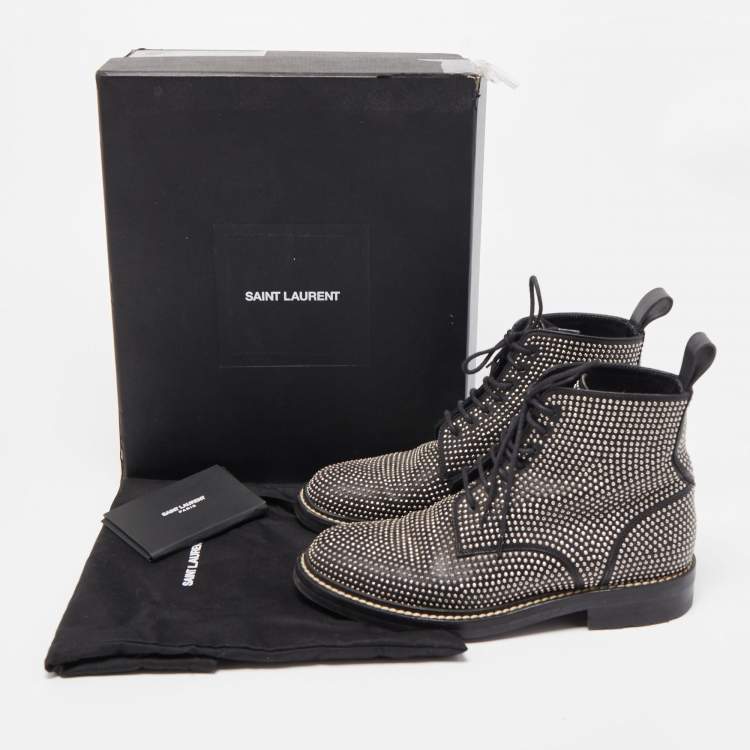 Pre Owned Saint Laurent Black Leather Embellished Combat Boots Size 37