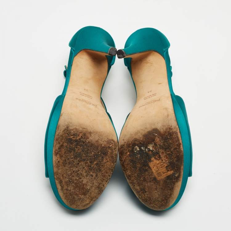 Pre Owned Saint Laurent Teal Satin Cross Strap Platform Sandals Size 38