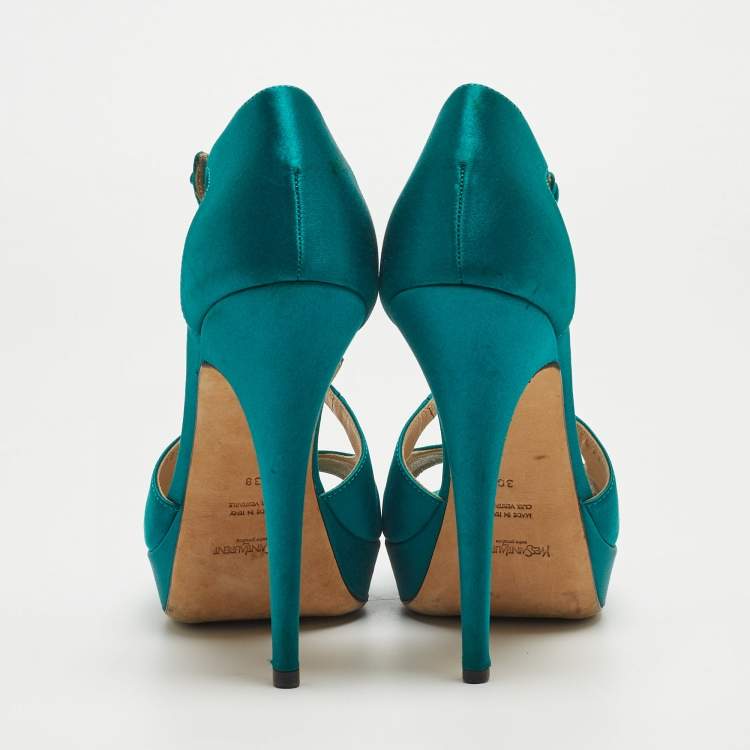 Pre Owned Saint Laurent Teal Satin Cross Strap Platform Sandals Size 38