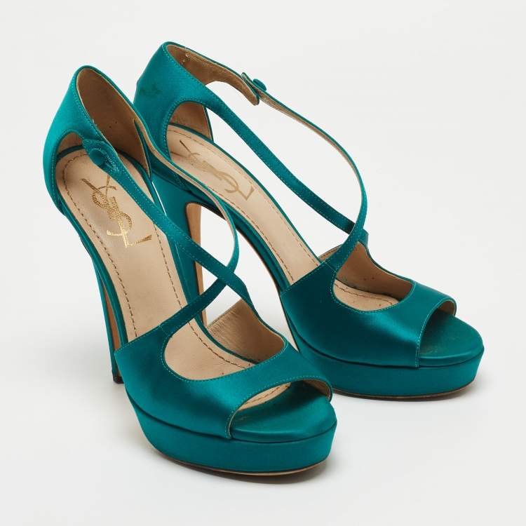 Pre Owned Saint Laurent Teal Satin Cross Strap Platform Sandals Size 38