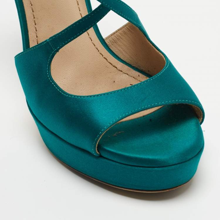 Pre Owned Saint Laurent Teal Satin Cross Strap Platform Sandals Size 38