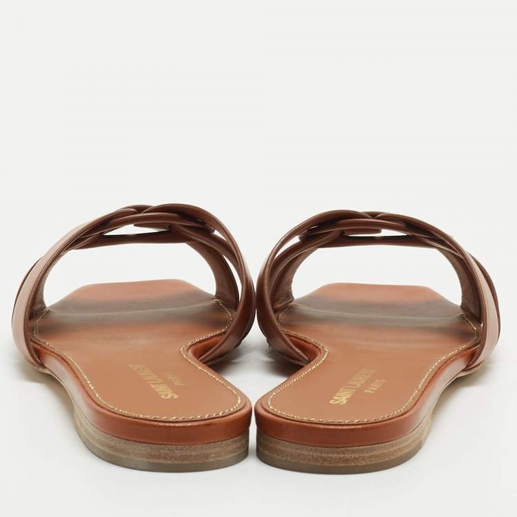 Pre Owned Saint Laurent Paris Brown Leather Tribute Flat Slides Size 38