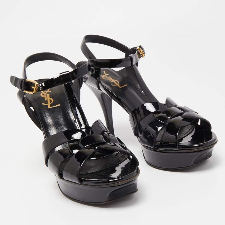 Pre Owned Saint Laurent Black Patent Leather Tribute Platform Sandals Size 38