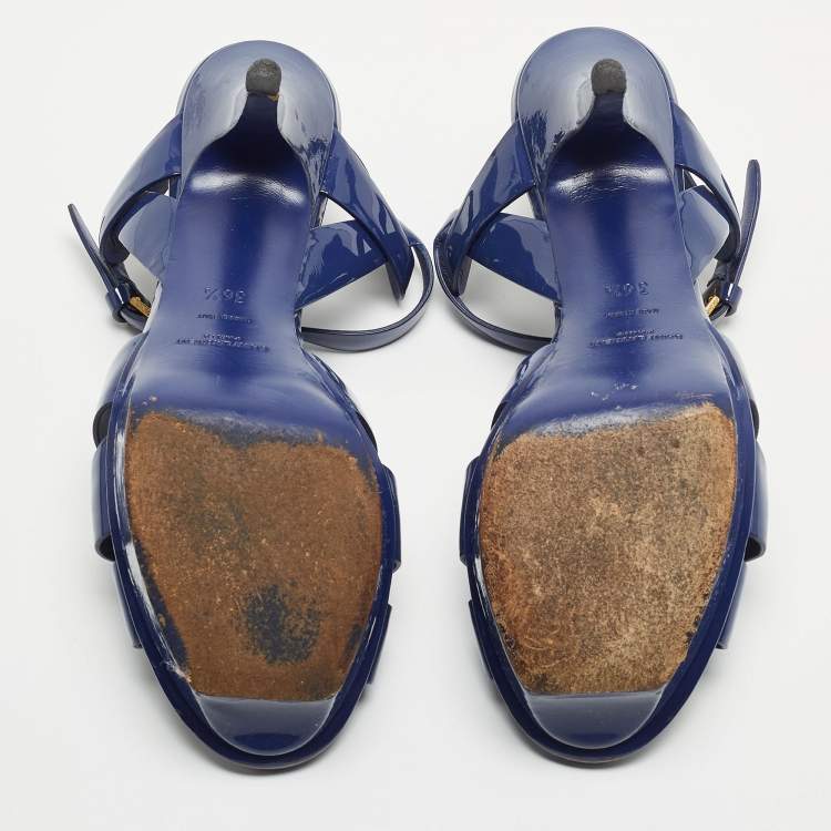 Pre Owned Saint Laurent Blue Patent Leather Tribute Sandals Size 36.5