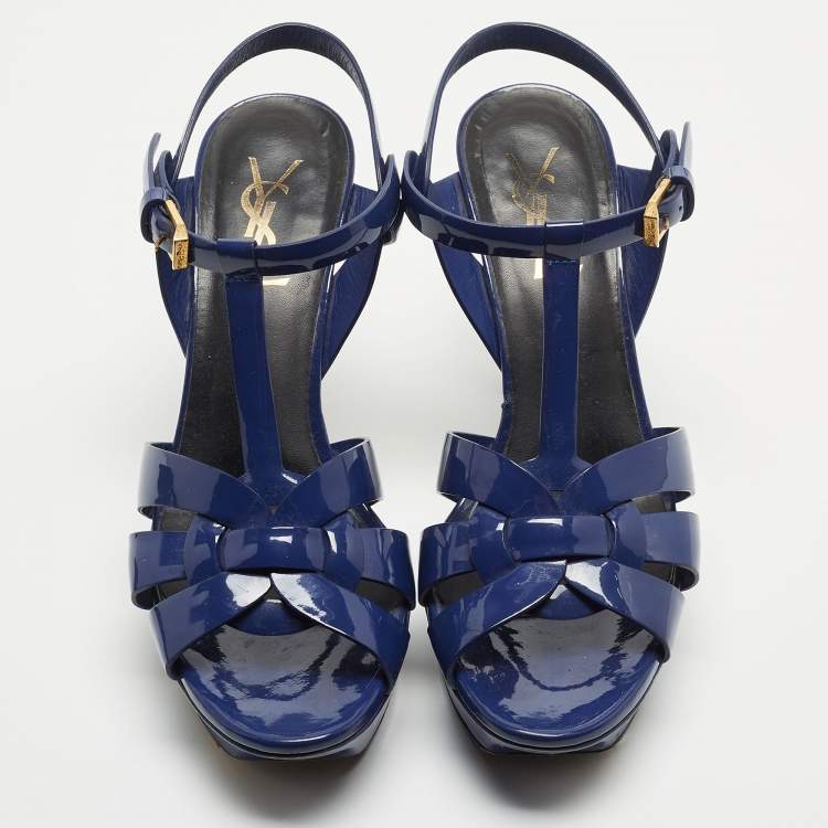 Pre Owned Saint Laurent Blue Patent Leather Tribute Sandals Size 36.5