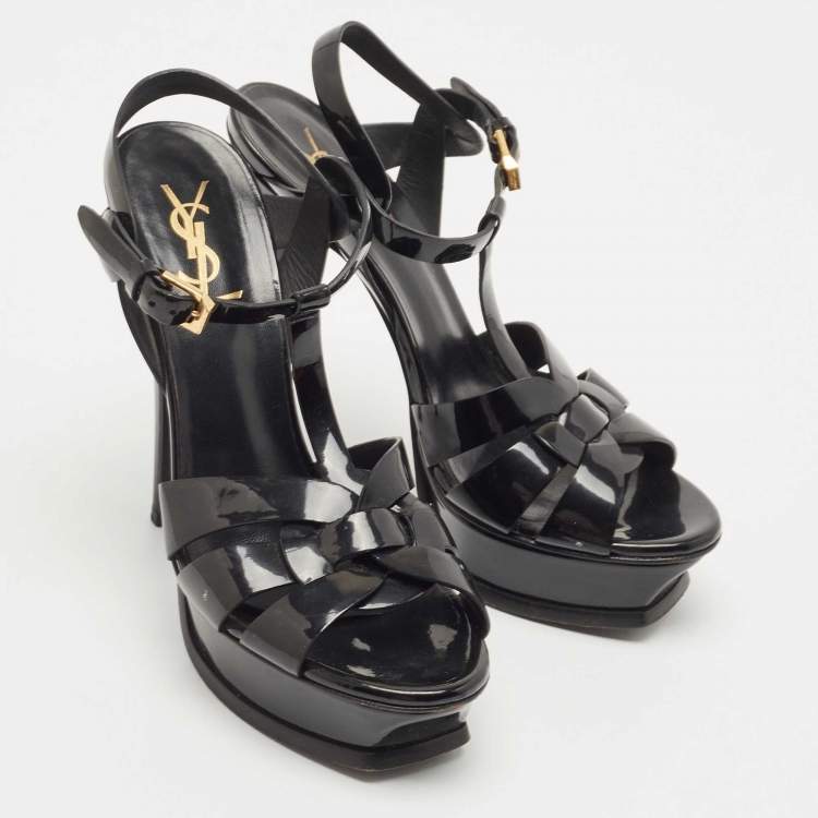 Pre Owned Saint Laurent Black Patent Leather Tribute Sandals Size 38