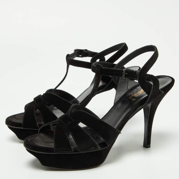 Pre Owned Saint Laurent Black Velvet Tribute Platform Sandals Size 39