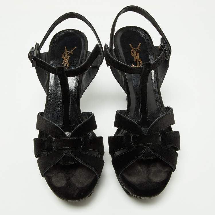 Pre Owned Saint Laurent Black Velvet Tribute Platform Sandals Size 39