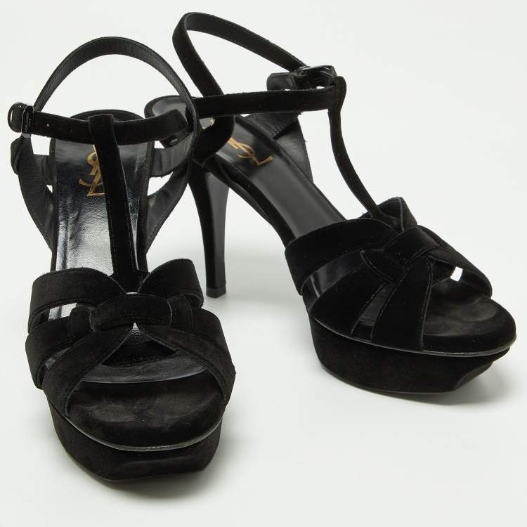 Pre Owned Saint Laurent Black Velvet Tribute Platform Sandals Size 39