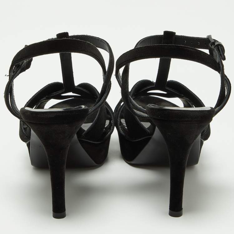 Pre Owned Saint Laurent Black Velvet Tribute Platform Sandals Size 39