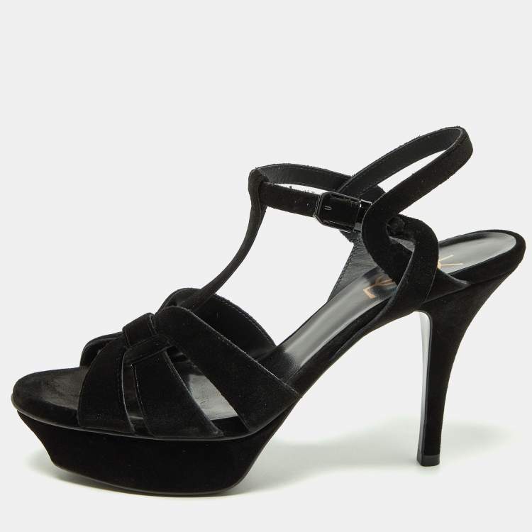 Pre Owned Saint Laurent Black Velvet Tribute Platform Sandals Size 39