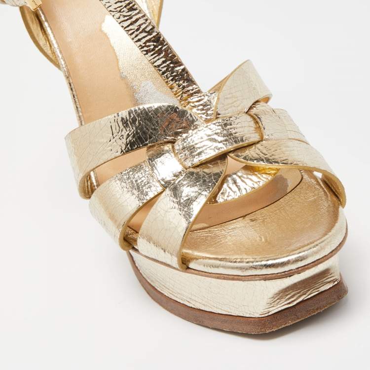 Pre Owned Saint Laurent Gold Leather Tribute Sandals Size 38.5