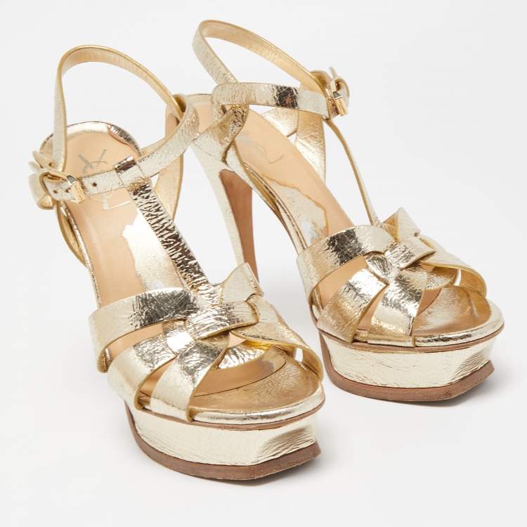 Pre Owned Saint Laurent Gold Leather Tribute Sandals Size 38.5