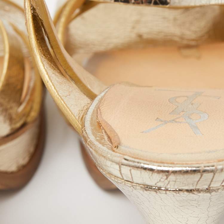 Pre Owned Saint Laurent Gold Leather Tribute Sandals Size 38.5