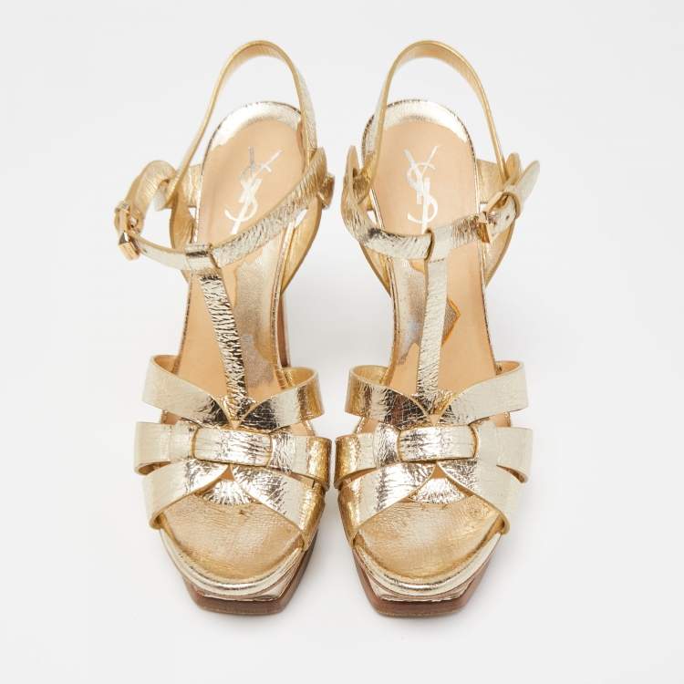Pre Owned Saint Laurent Gold Leather Tribute Sandals Size 38.5